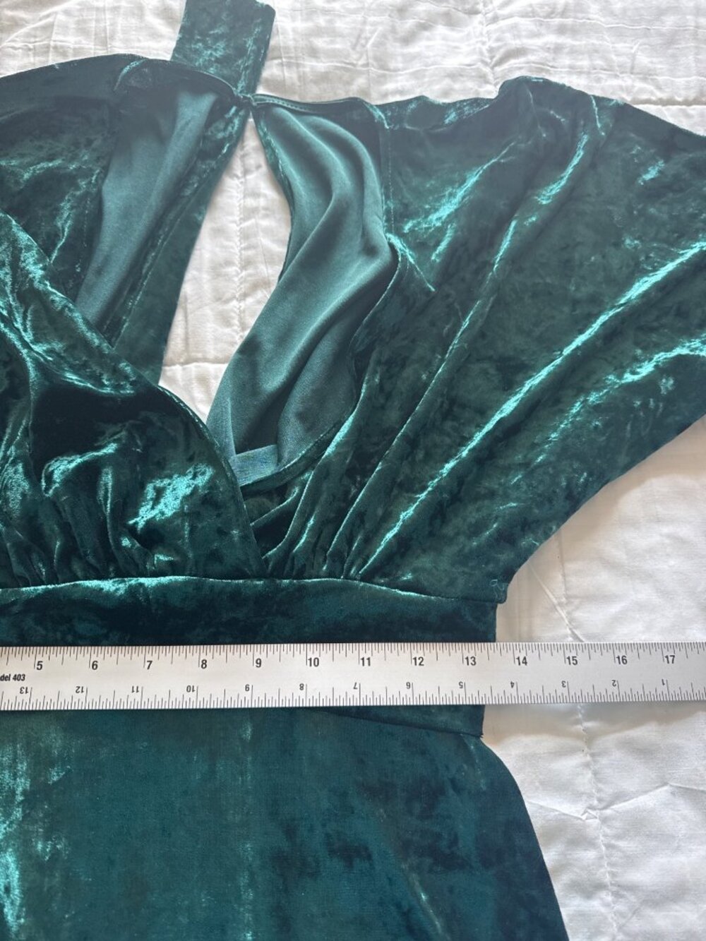 Emerald Green Crushed Velvet Maxi Gown Dress Size L Plunge Old Hollywood Glam - Picture 8 of 9